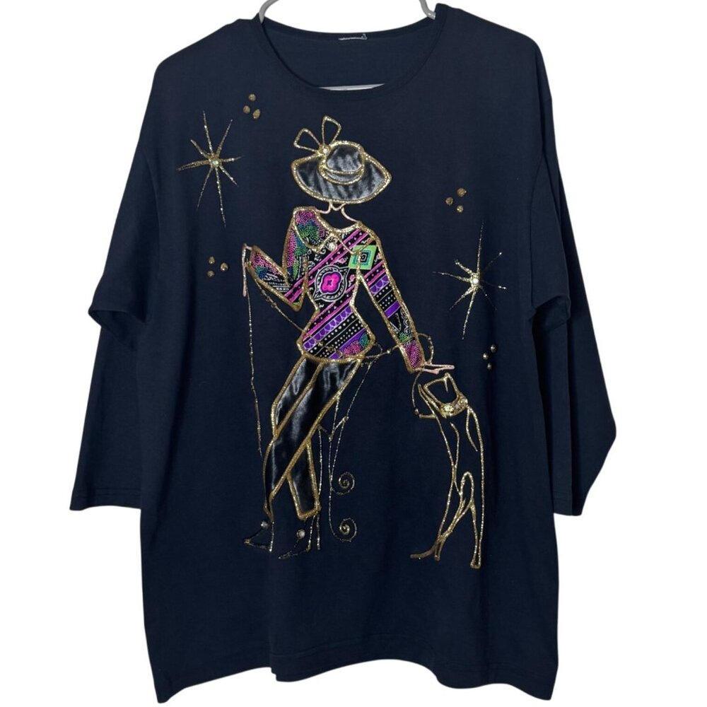 Vintage 80s Art Top Glam Woman Dog Graphic Metallic Shoulder Pads 3/4 Sleeve XL